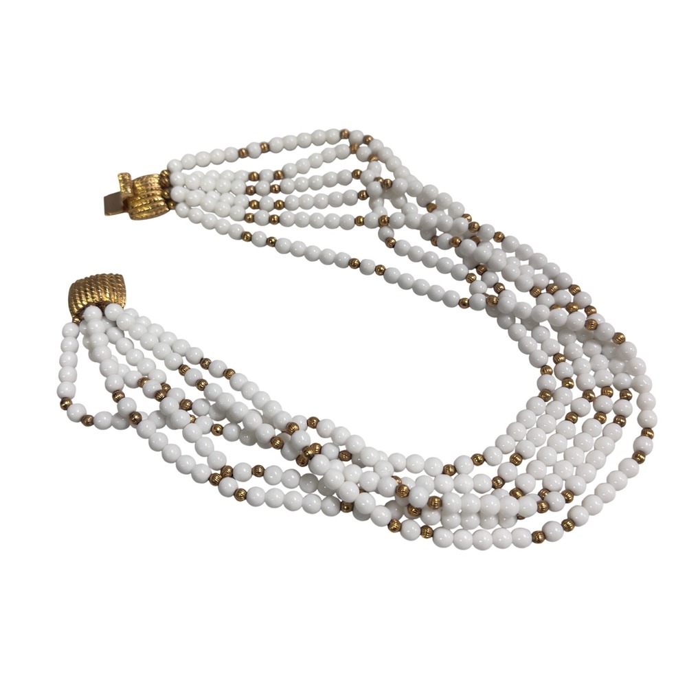 Multi Strand White milk glass Beaded Necklace Gold Tone Accent Clasp Statement - Picture 4 of 7
